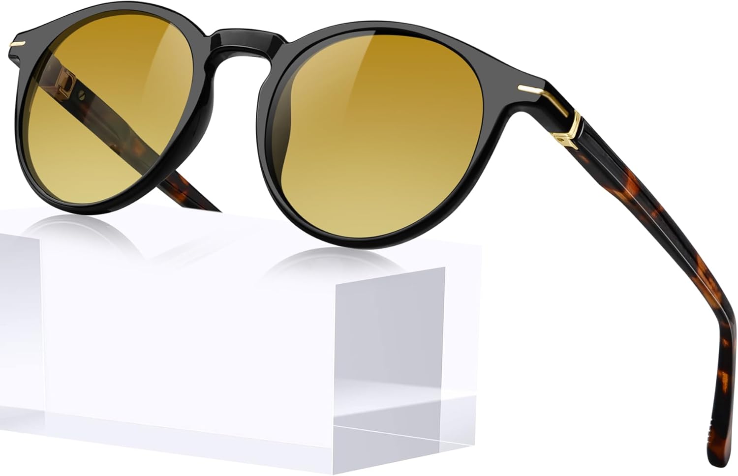 

Солнцезащитные очки KANASTAL Small из ацетата с поляризацией, для женщин и мужчин, ретро-круглые, защита от УФ-излучения UV400, стильные и прочные, в комплекте чехол из искусственной кожи, A03 - Gloss Black / Gradient Yellow