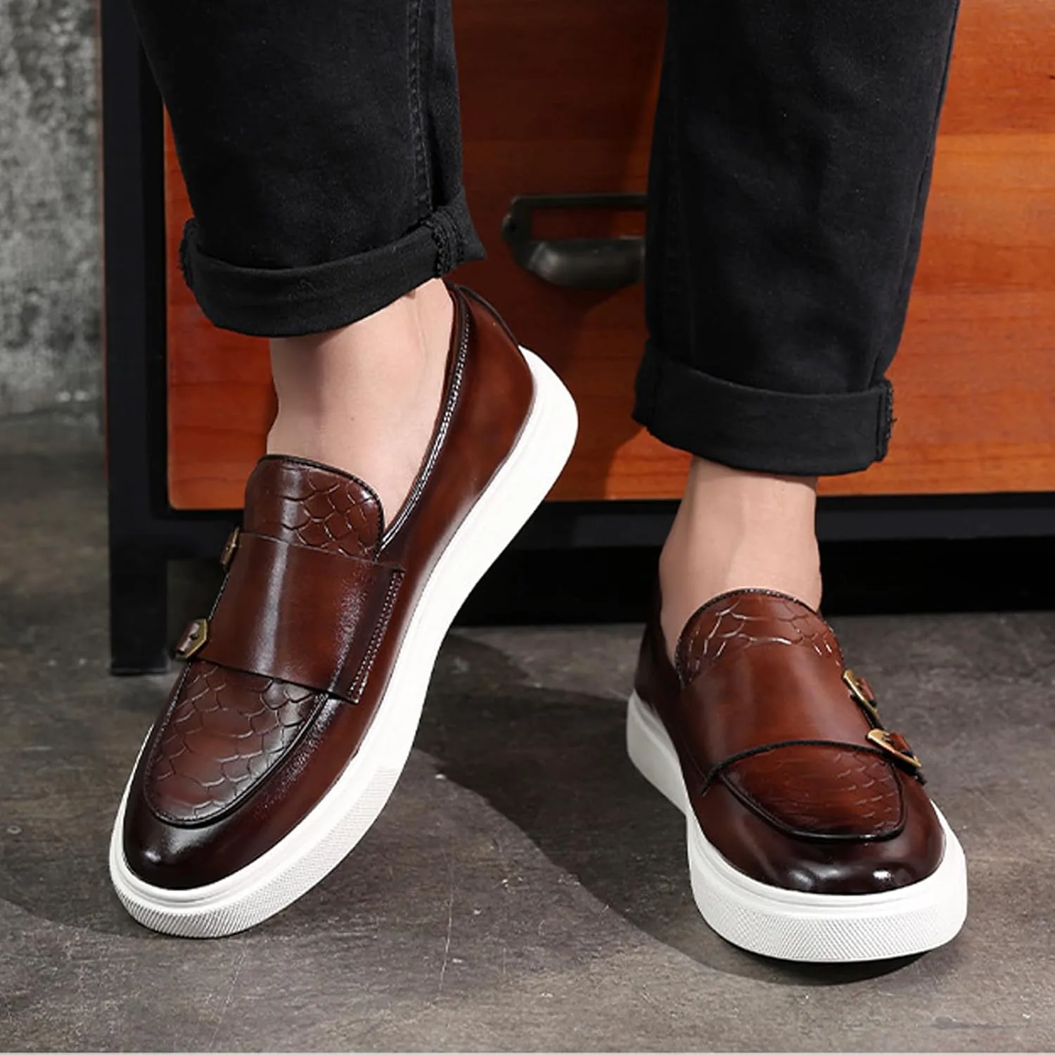 Мужские туфли с двойной пряжкой Monk Strap, повседневные модные классические деловые лакированные кожаные слипоны, лоферы, туфли Penny Loafers Aceptolcom, коричневый — фото 4