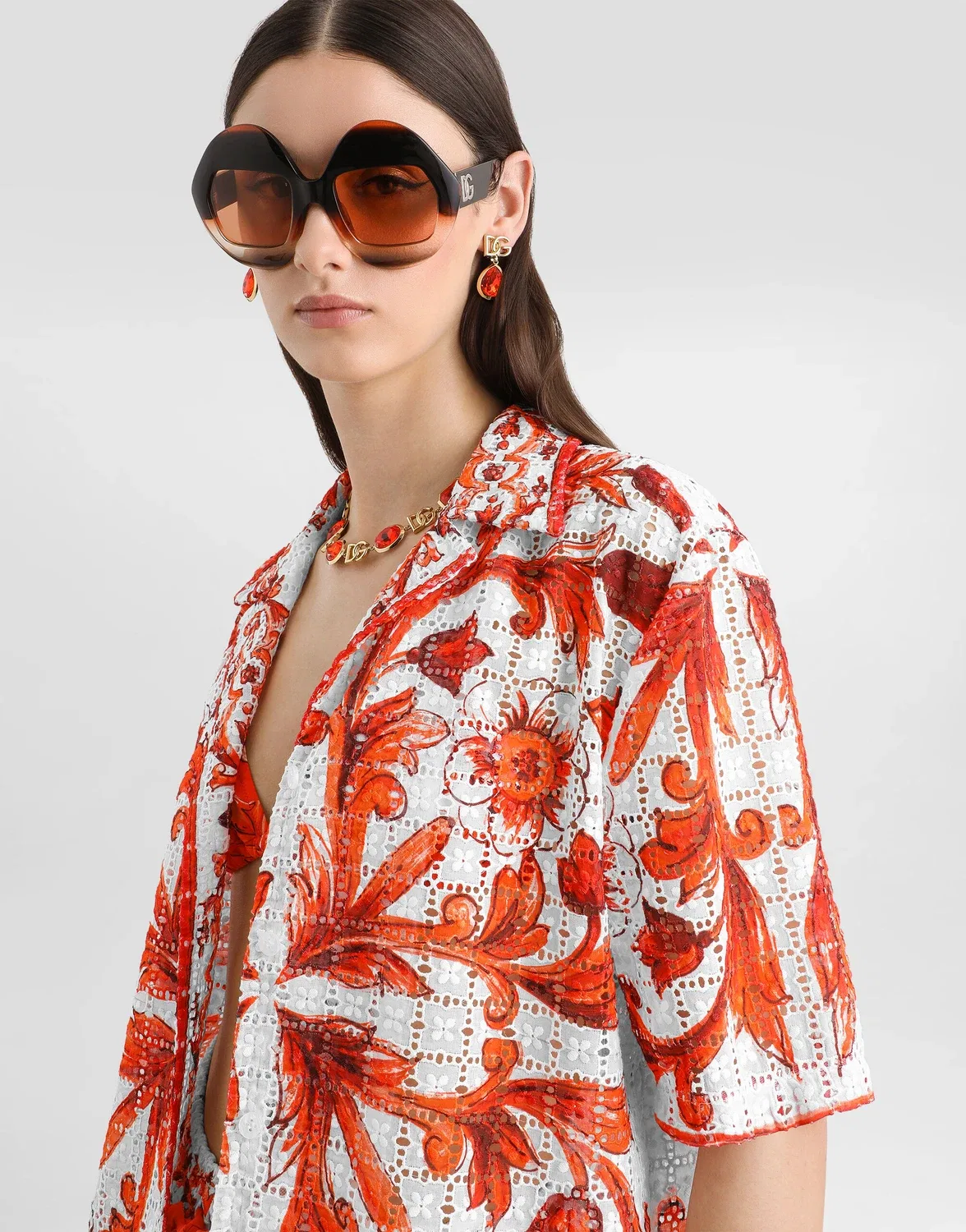 Рубашка из бродерье англез с ажурным узором «майолика» DOLCE & GABBANA, бежевый — фото 4