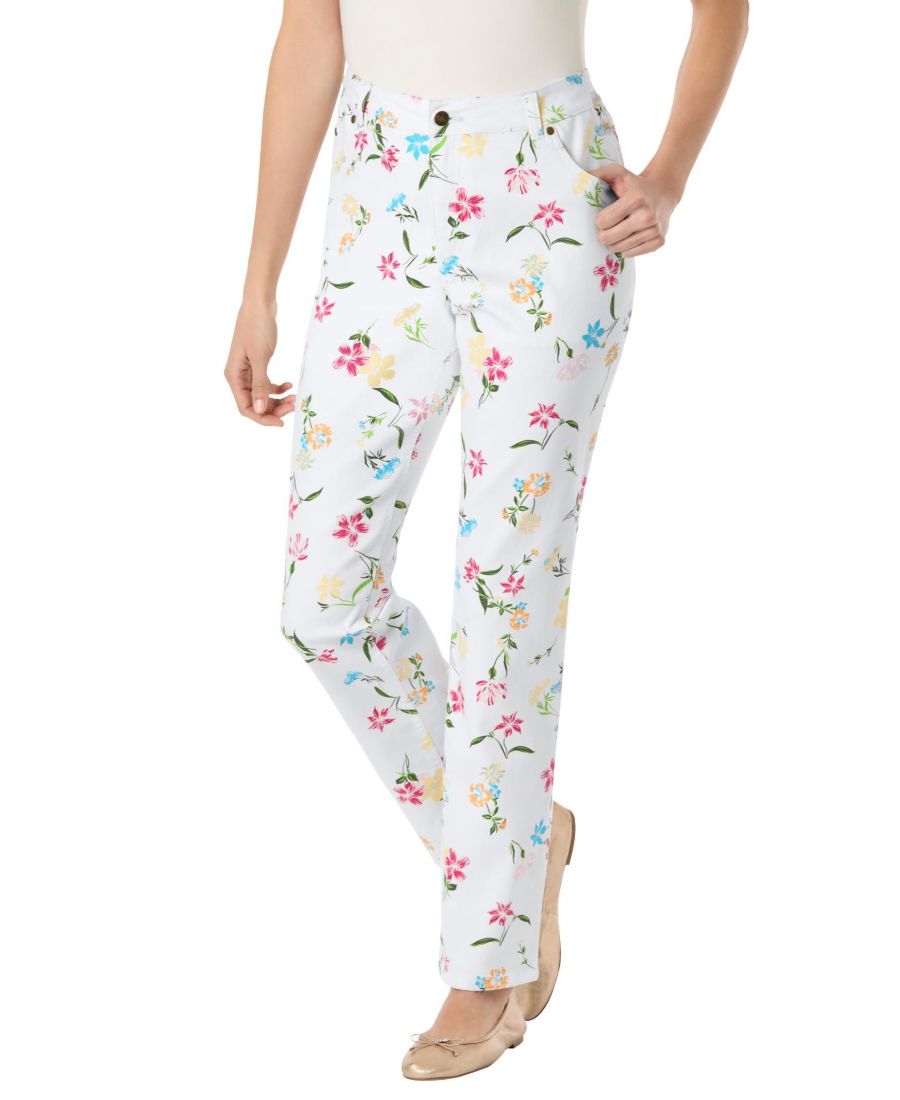 

Женские джинсы Within прямого кроя из эластичного денима с пятью карманами Woman Within, White flowers