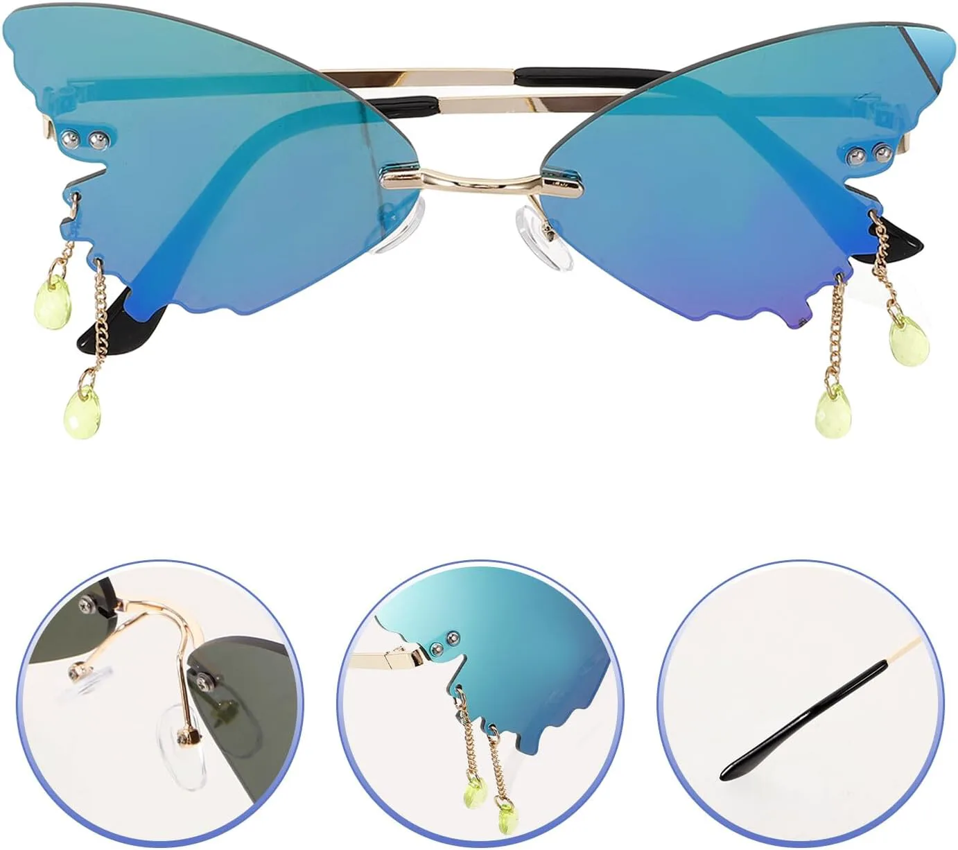 

Женские солнцезащитные очки KESYOO Butterfly в безободковой оправе, изумрудного оттенка, пластиковые очки, модные пляжные очки с золотой оправой для вечеринок, Multi