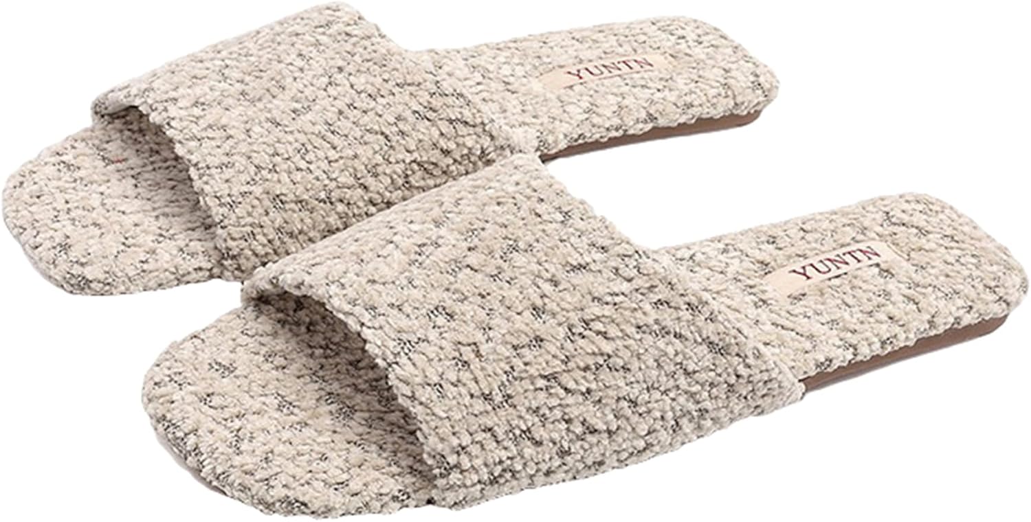 

Тапочки Yafirgeer Furry Teddy Fleece для женщин и мужчин, класса люкс, открытый носок, элегантные теплые домашние туфли для дома и улицы, бежевый