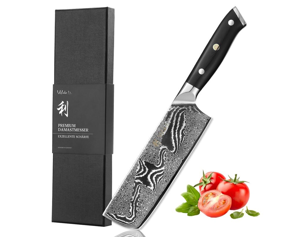 

Дамасский нож Wakoli Nitoko Нож Nakiri - лезвие 17 см из 67 слоев настоящей дамасской стали, рукоять G10, хвостовик во всю длину - премиальный дамасский кухонный нож и профессиональный нож в подарочной упаковке