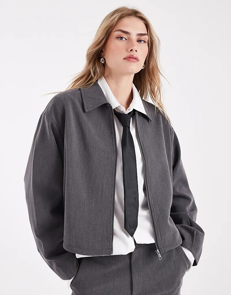 

Пиджак на молнии, приталенный по фигуре, серый меланж