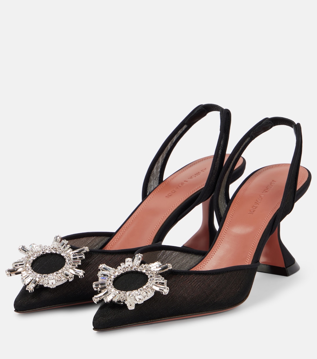 Босоножки Begum 70 mesh на шпильке с ремешком Amina Muaddi, Black + White Crystal Buckle — фото 4