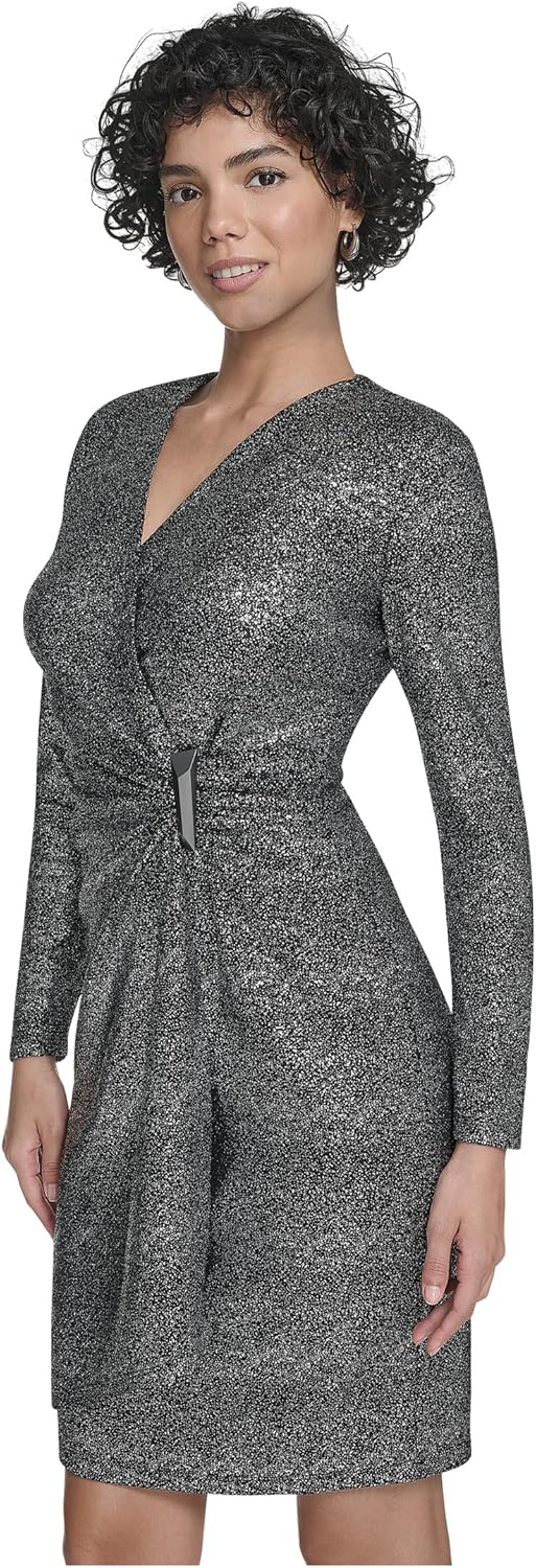 Женское платье Calvin Klein с длинными рукавами и имитацией запаха, Black Silver — фото 3