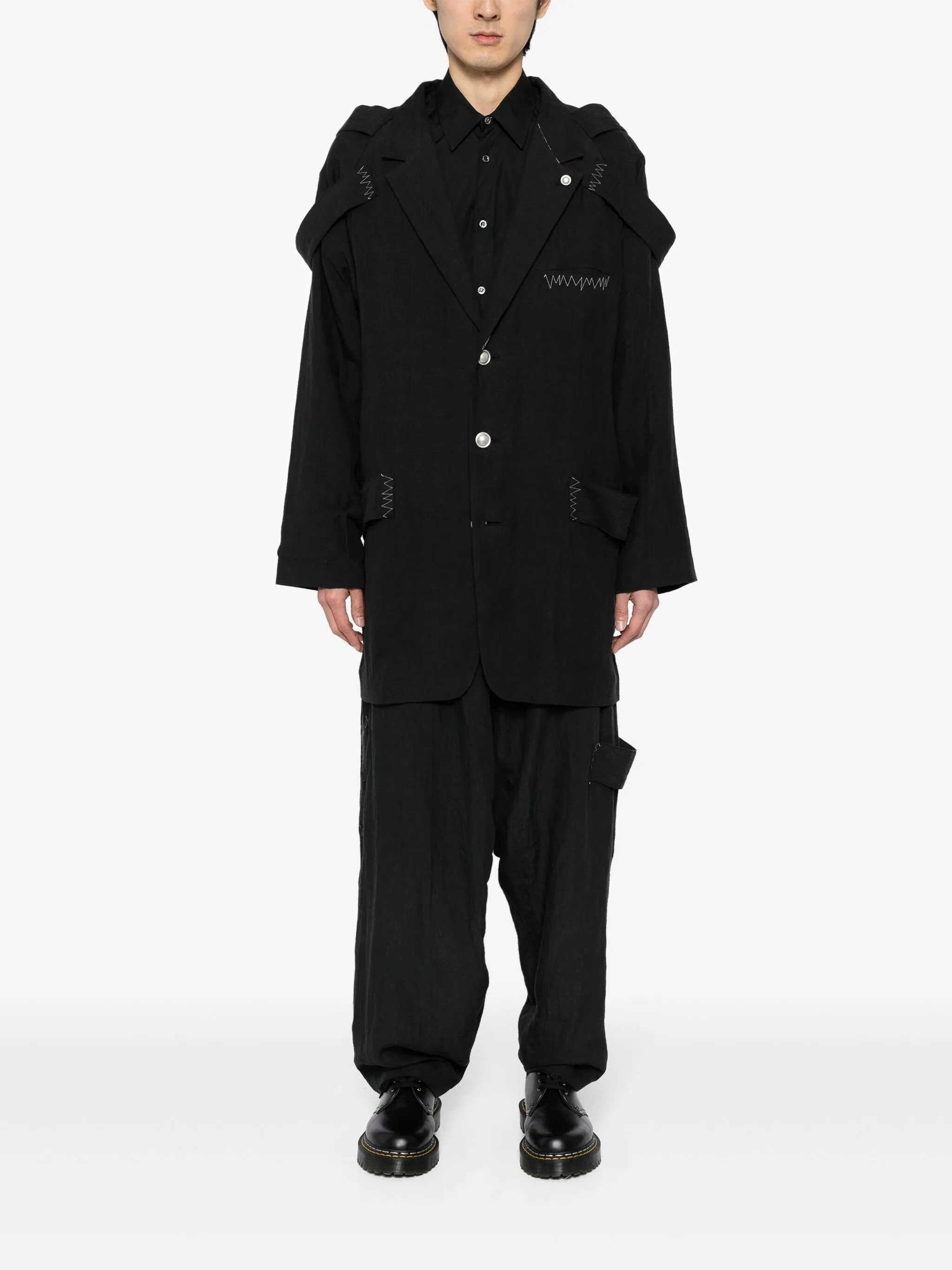 Однобортный пиджак с контрастной строчкой Yohji Yamamoto, черный — фото 2