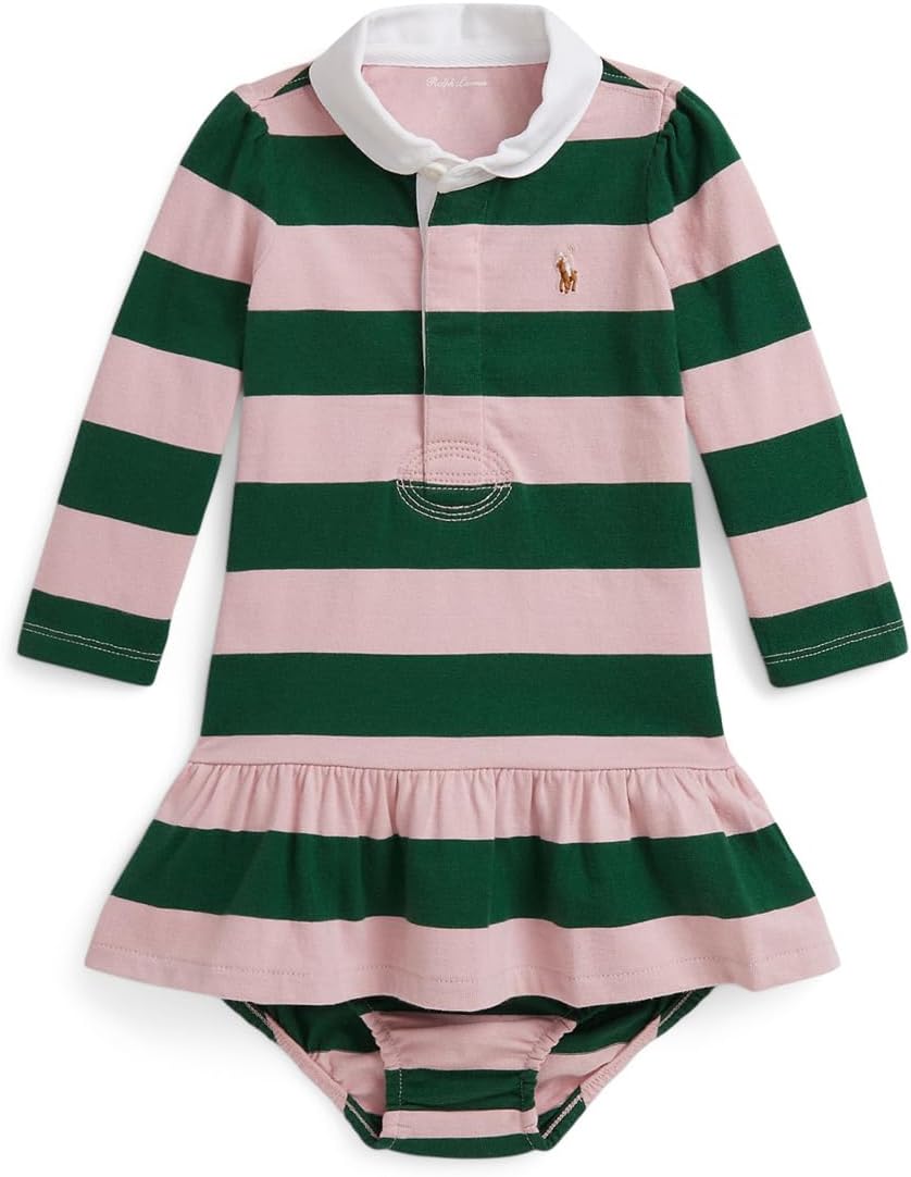 

Платье Polo Ralph Lauren Kids Striped Cotton Rugby Dress & Bloomer, цвет Surfside Rose/Kelly Green