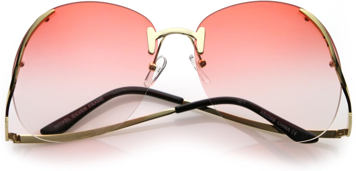 

zeroUV - Женские солнцезащитные очки без оправы с изогнутыми металлическими дужками, круглыми линзами с цветным тонированием, большого размера, 67 мм, Gold / Red Gradient