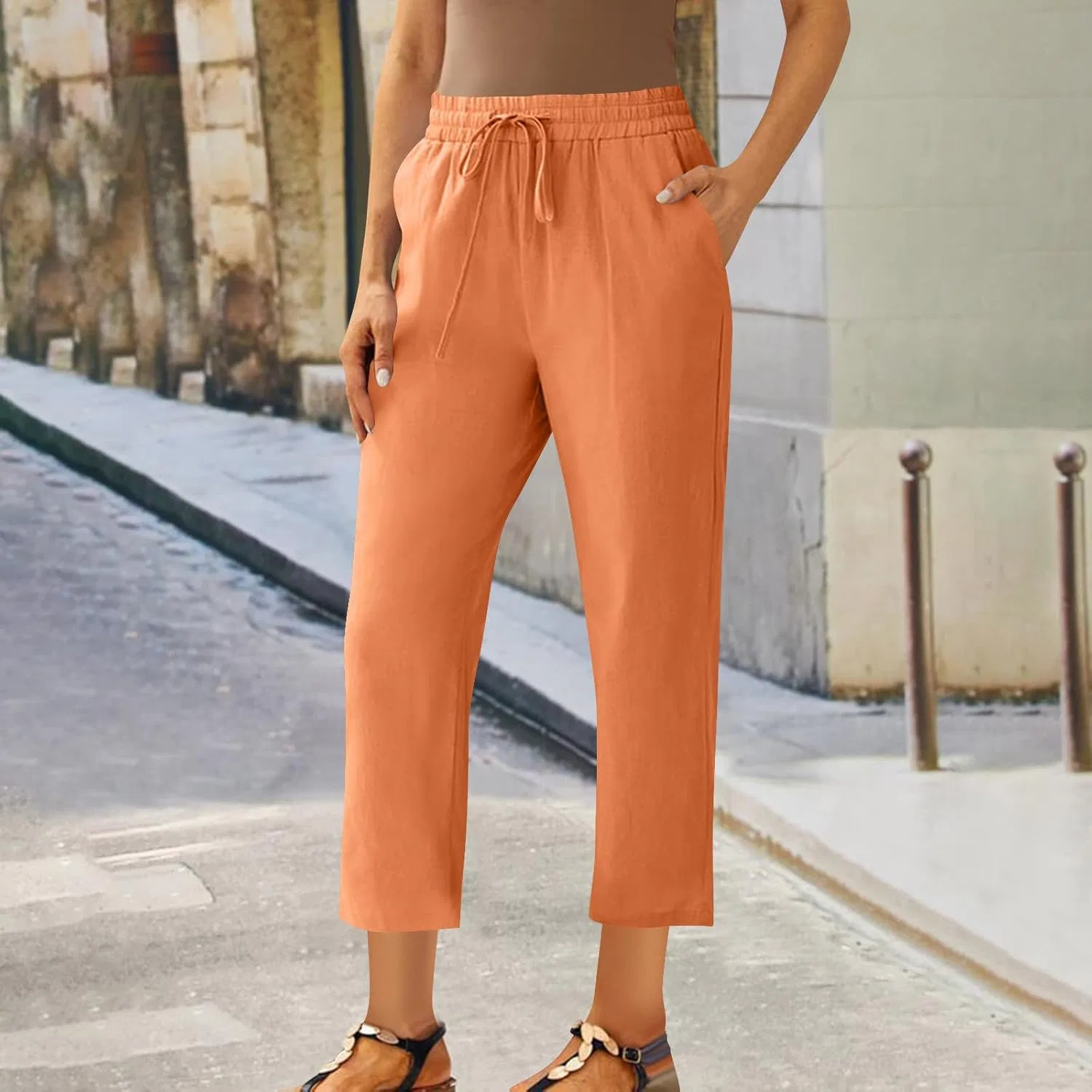 Женские брюки из льна с высокой талией, прямые, Orange — фото 2