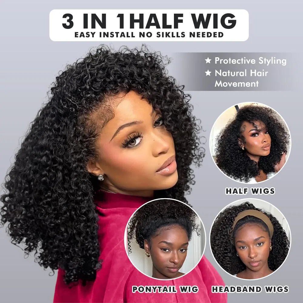 Женский полупарик Kinky Curly Human Hair, 200 плотность, 3-в-1, 30.5 см Tnice, 1B Half Wig Human Hair — фото 2