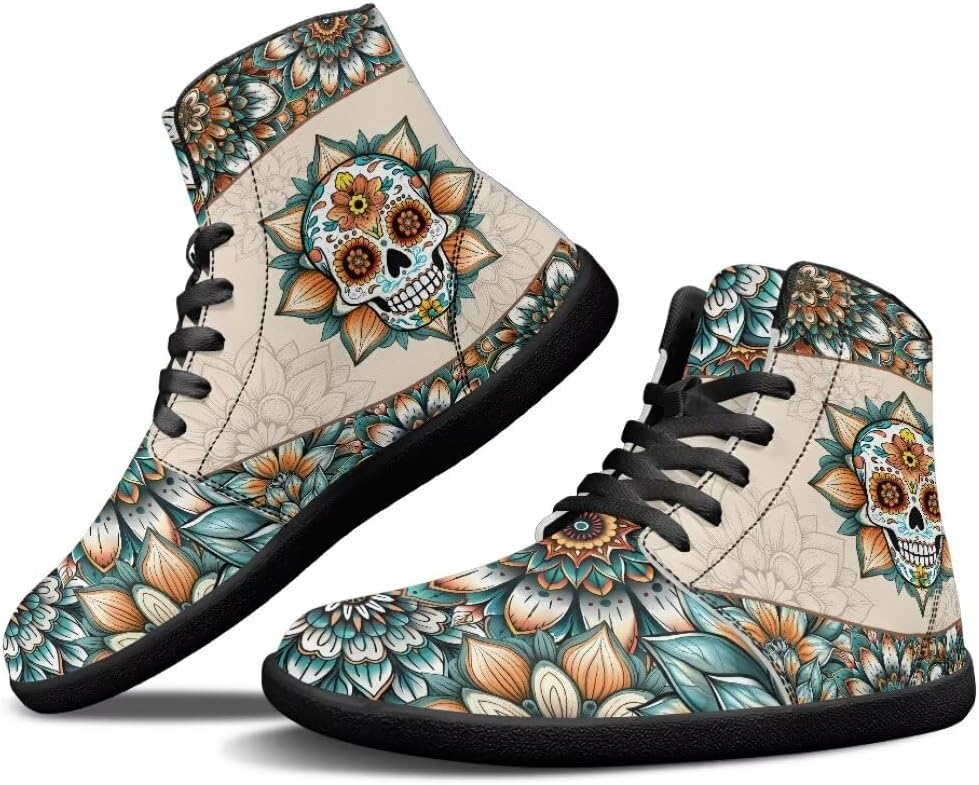 

Высокие мужские кроссовки без каблука, легкие, противоскользящие, для повседневной ходьбы, с нулевым перепадом высоты подошвы Getelinseng, Boho Flower Skull
