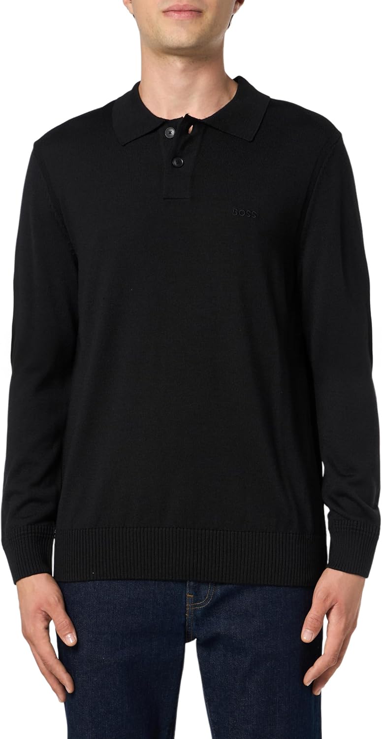 

BOSS мужской свитер с воротником-гольф из шерстяной смеси с небольшим логотипом, Black Sky