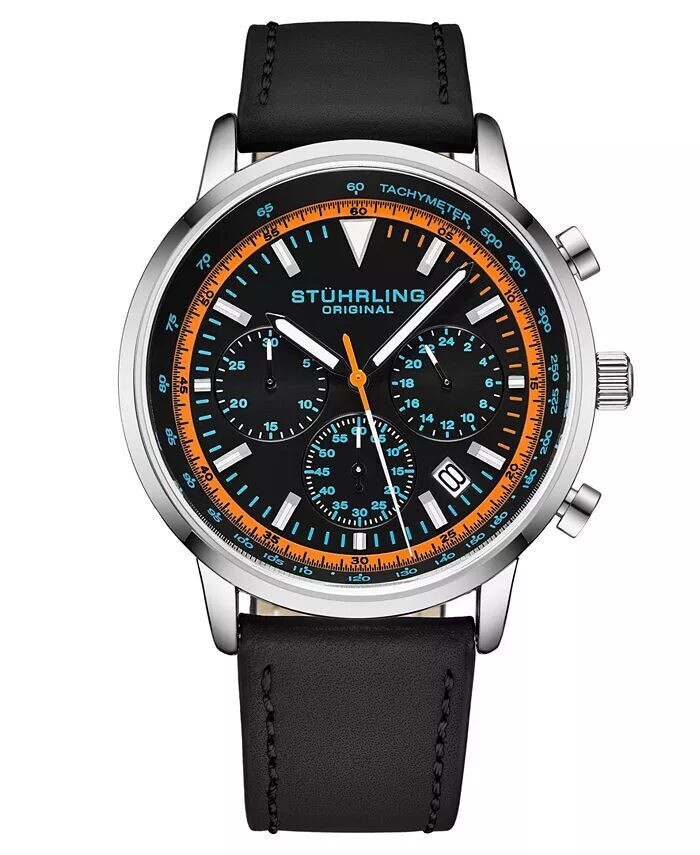 

Мужские часы Chrono с черным ремешком из натуральной кожи, 44 мм Stuhrling