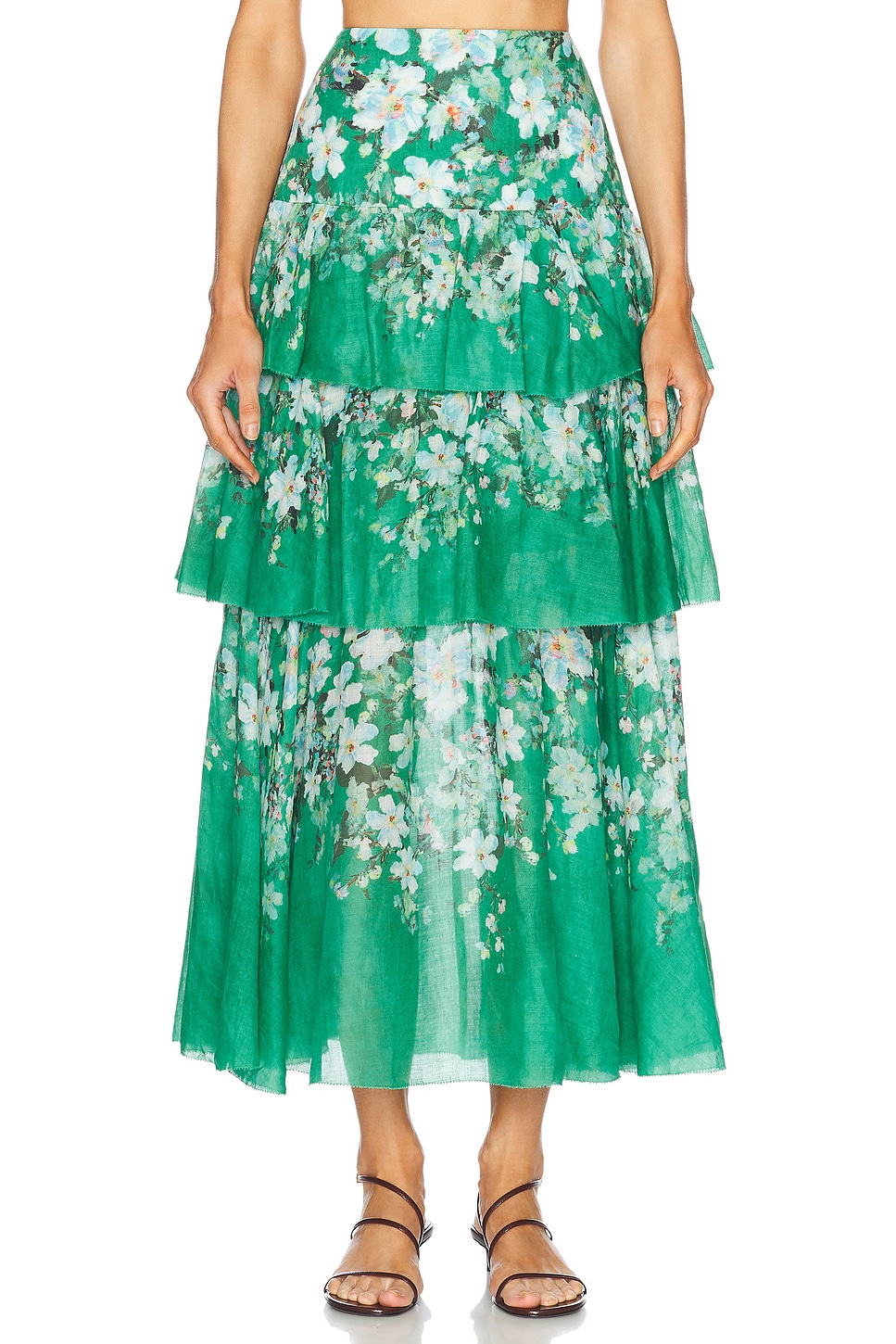 

Многоярусная юбка-миди Everley Zimmermann, цвет Green Watercolour Floral