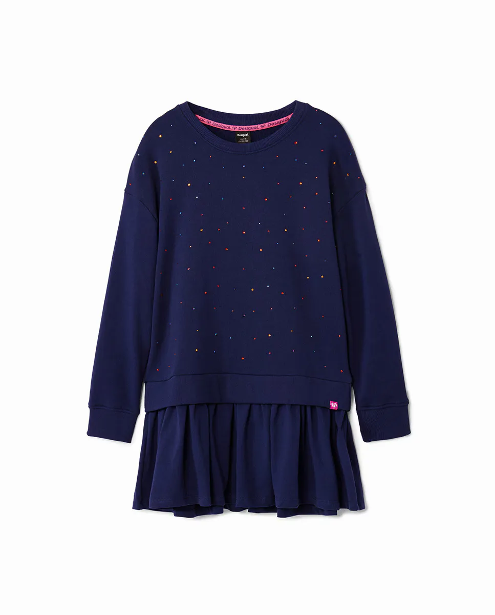 

Платье для девочки в горошек с однотонной юбкой Desigual, темно-синий