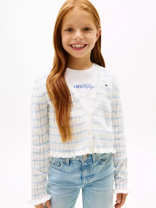 Детский хлопковый кардиган в полоску с ажурным узором, бело-голубой Tommy Hilfiger