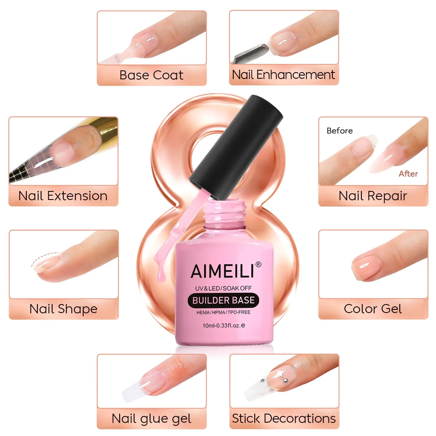 Набор гелей для наращивания ногтей AIMEILI Builder Gel 8-в-1 Aimeili, Nude, White, Light Pink — фото 2