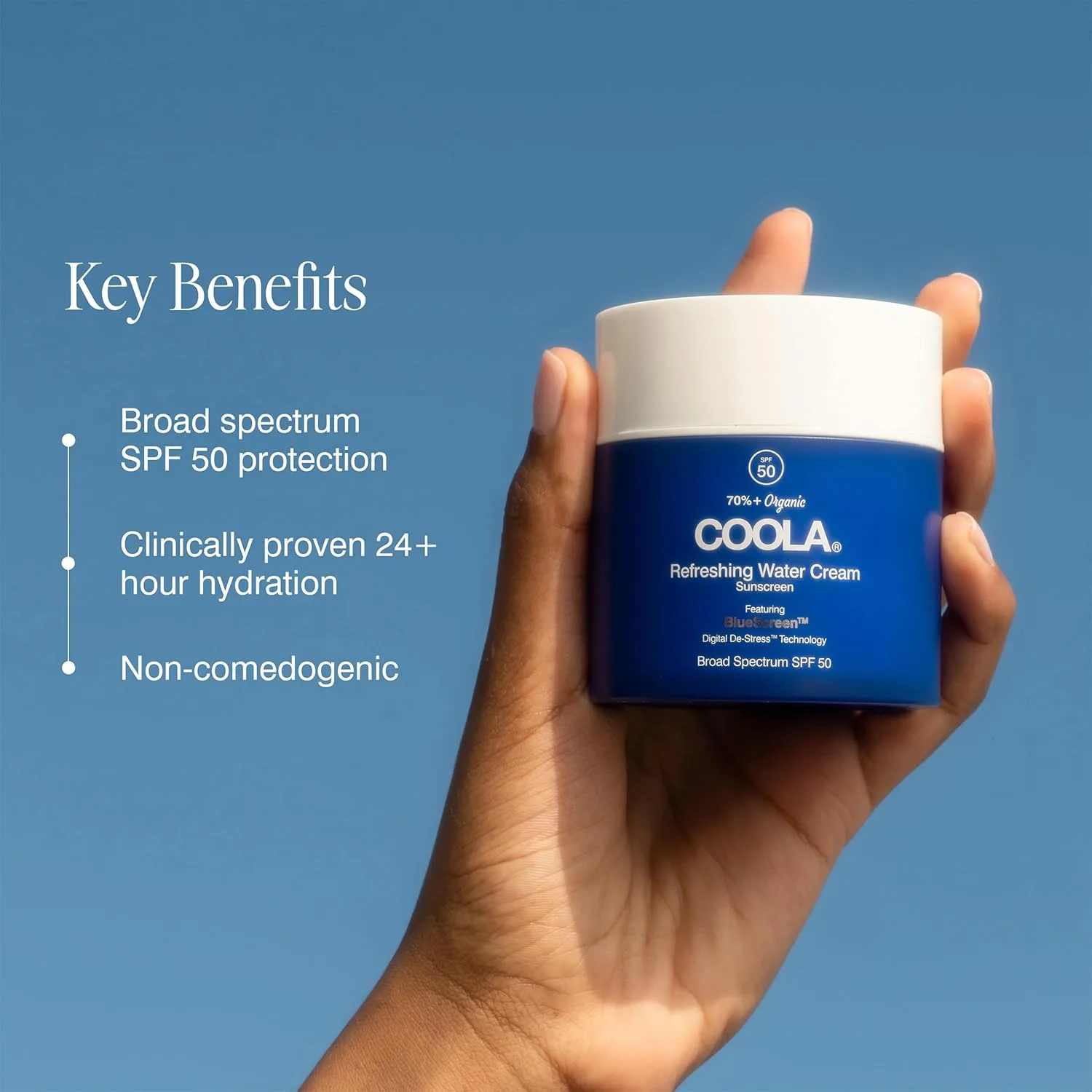 Увлажняющий крем для лица COOLA Organic Refreshing Water Cream с SPF 50, протестированный дерматологами, с технологией BlueScreen Digital De-Stress на растительной основе, 44 мл., blue — фото 3
