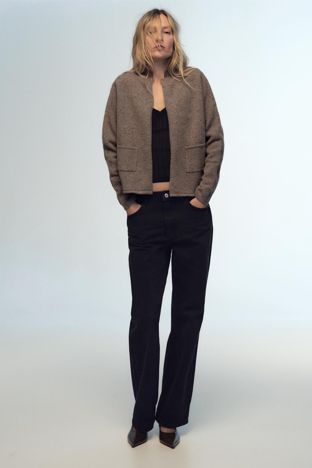 

Раскрытая куртка из 100% шерсти ZARA, коричневый/серо-коричневый