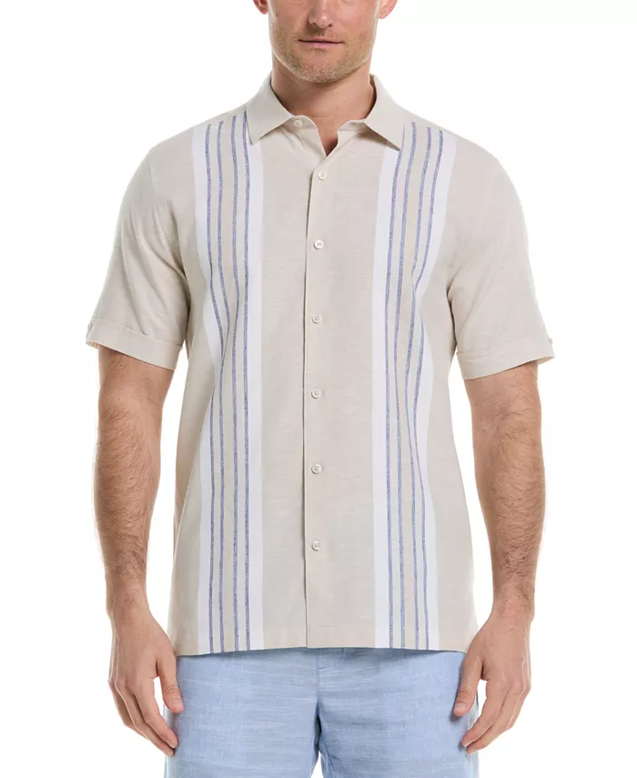 

Мужская классическая рубашка с контрастными вставками из полосатой ткани, смесовая с льном, на пуговицах Cubavera, белый