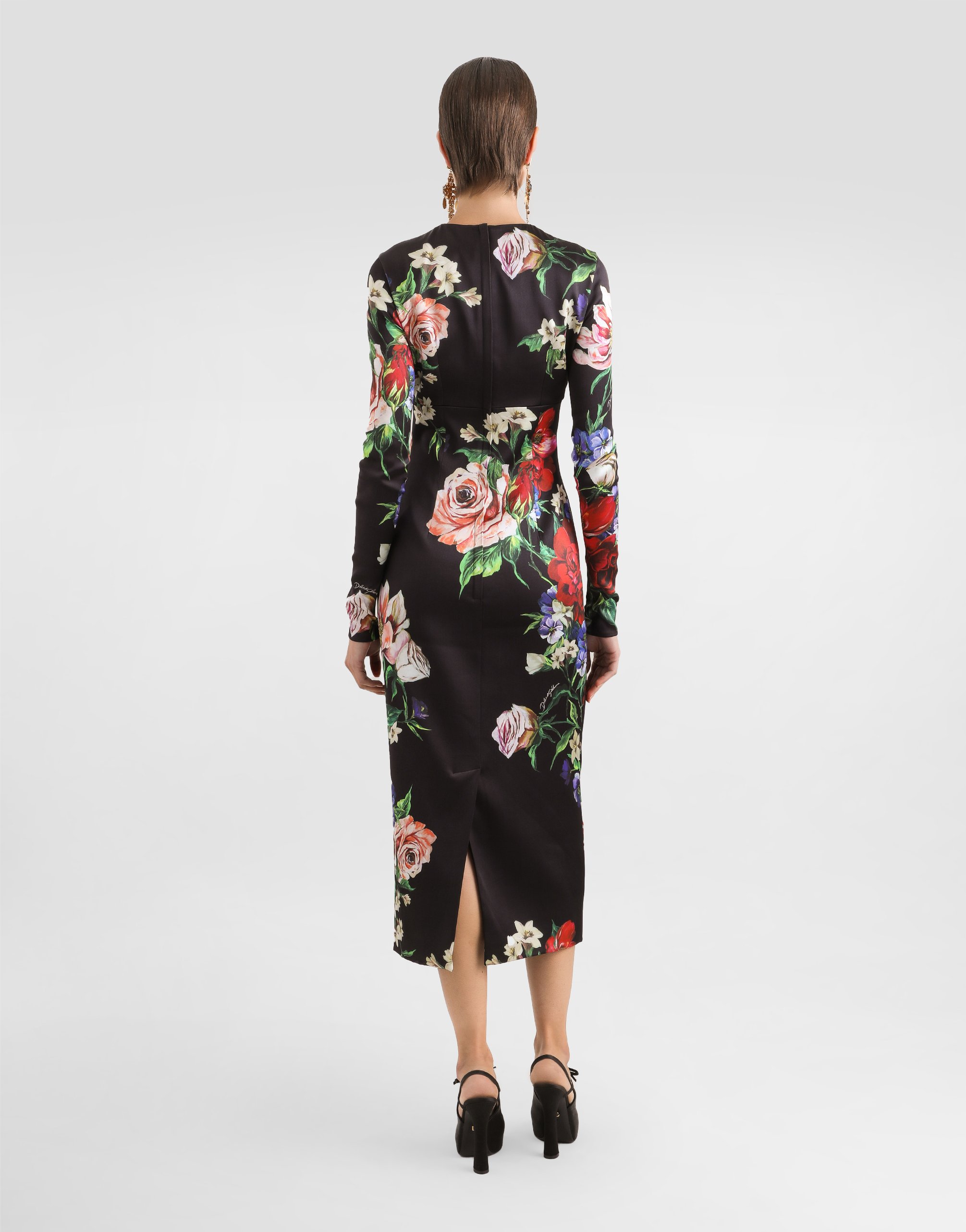 Атласное платье миди с круглым вырезом и цветочным принтом Dolce & Gabbana, принт — фото 3