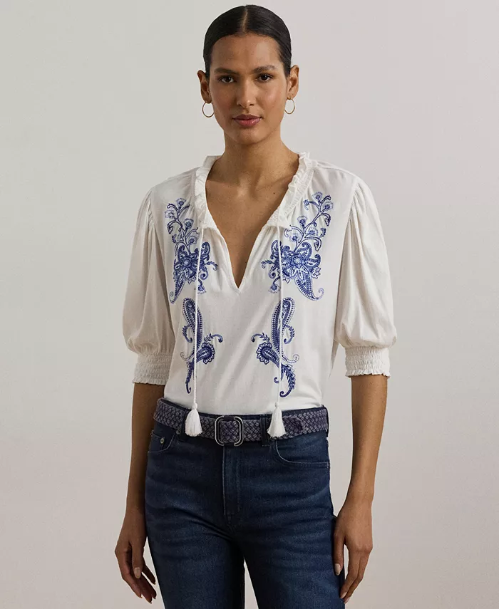 

Женская блузка с вышивкой и завязками на шее из джерси Lauren Ralph Lauren, белый