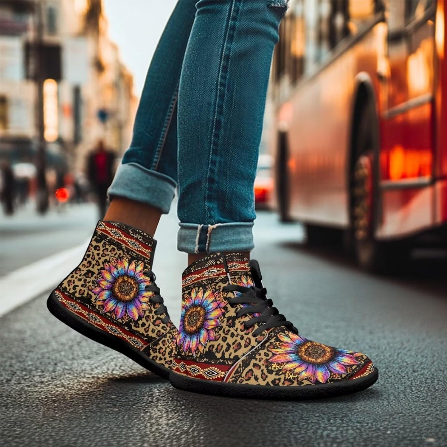 Кроссовки Binienty High Top Barefoot для женщин и мужчин, модные с нулевым перепадом, водонепроницаемые походные ботинки из ПУ-кожи, Aztec Leopard Gradient Sunflower — фото 4