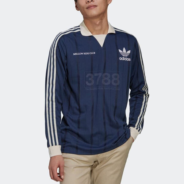 Футболка Men's adidas originals Stripe Logo Long Sleeves Blue Polo Shirt, синий — фото 3