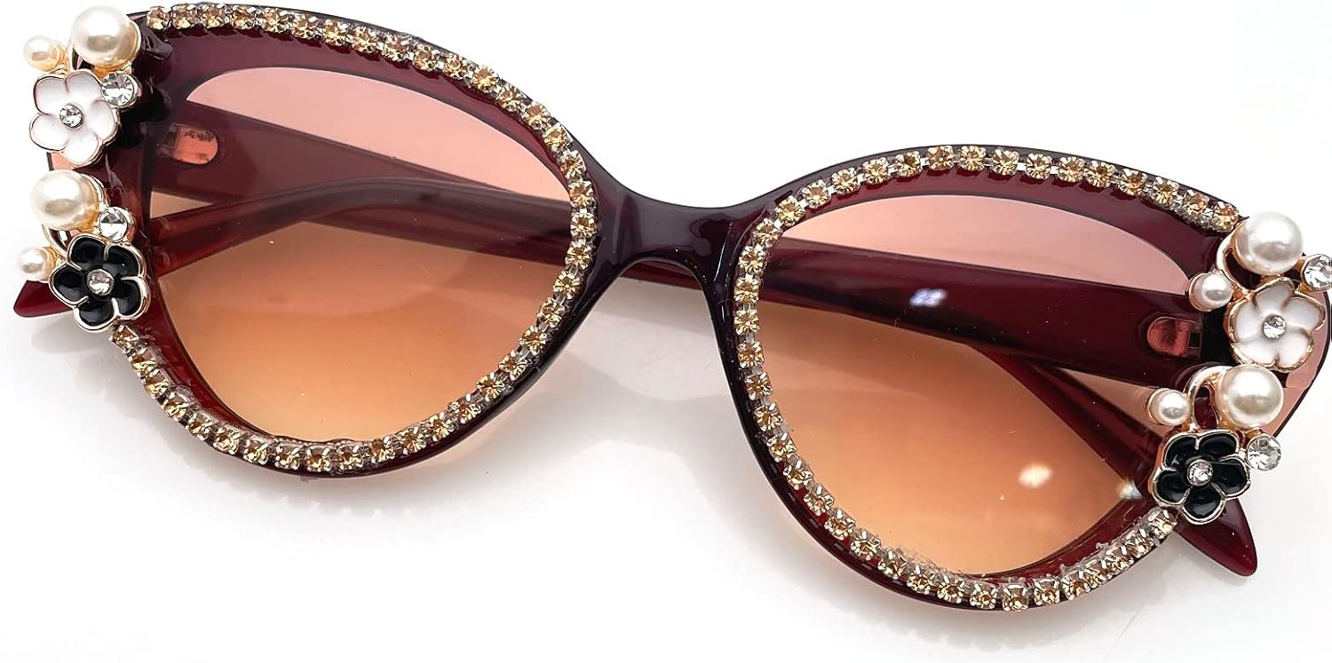 

Модные солнцезащитные очки «кошачий глаз» со стразами, женские, увеличенного размера, с бриллиантами, кристальной отделкой и жемчужной оправой, очки для костюмированных вечеринок mincl, Brown