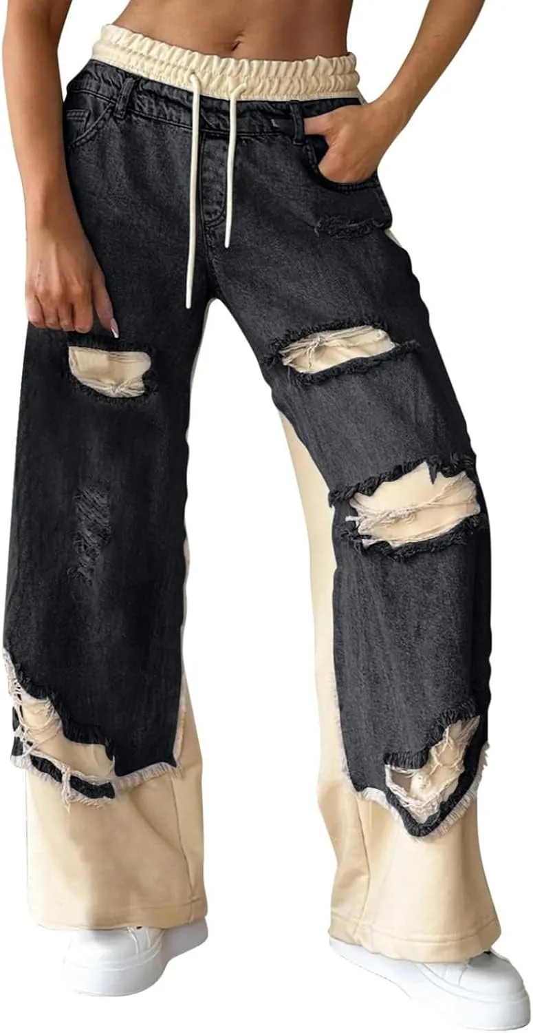 

Женские рваные джинсы sweatpants с эластичным поясом и широкими штанинами MBDWWLC