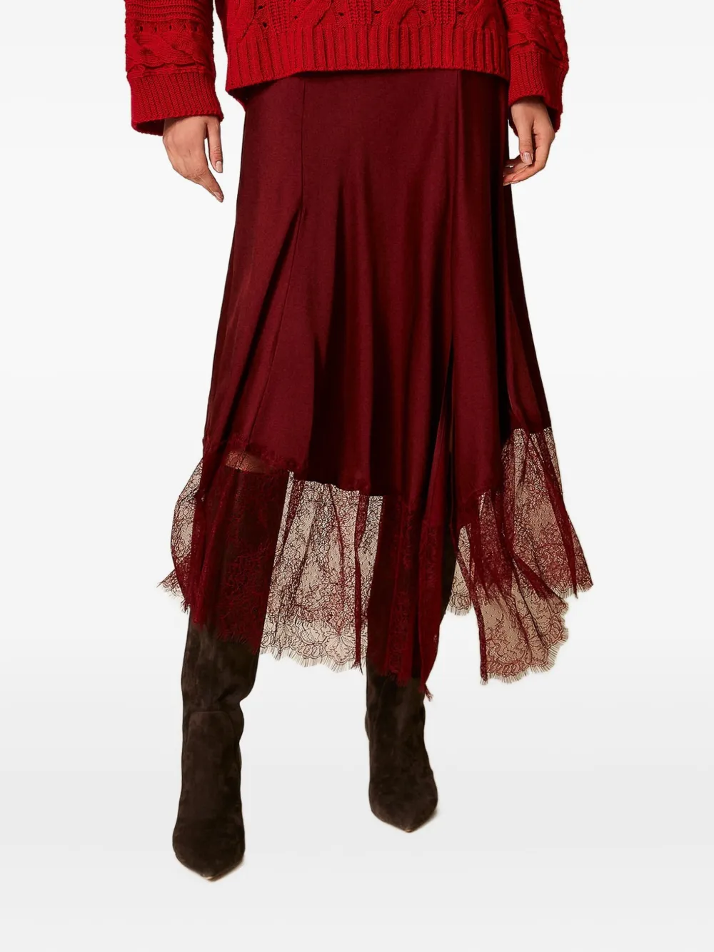 

Атласная миди-юбка с кружевной отделкой Twinset, красный