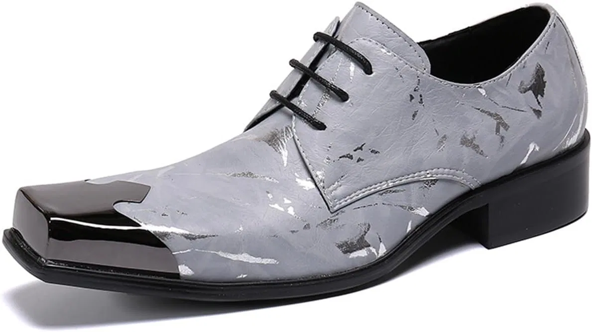 Лоферы кожаные Mens Lace-Up Shoes, Loafers Cowhide Shoes Genuine Leather Large Size Low Top Metal Square Toe Breathable Comfortable Casual Shoes, серый MANYUBEI