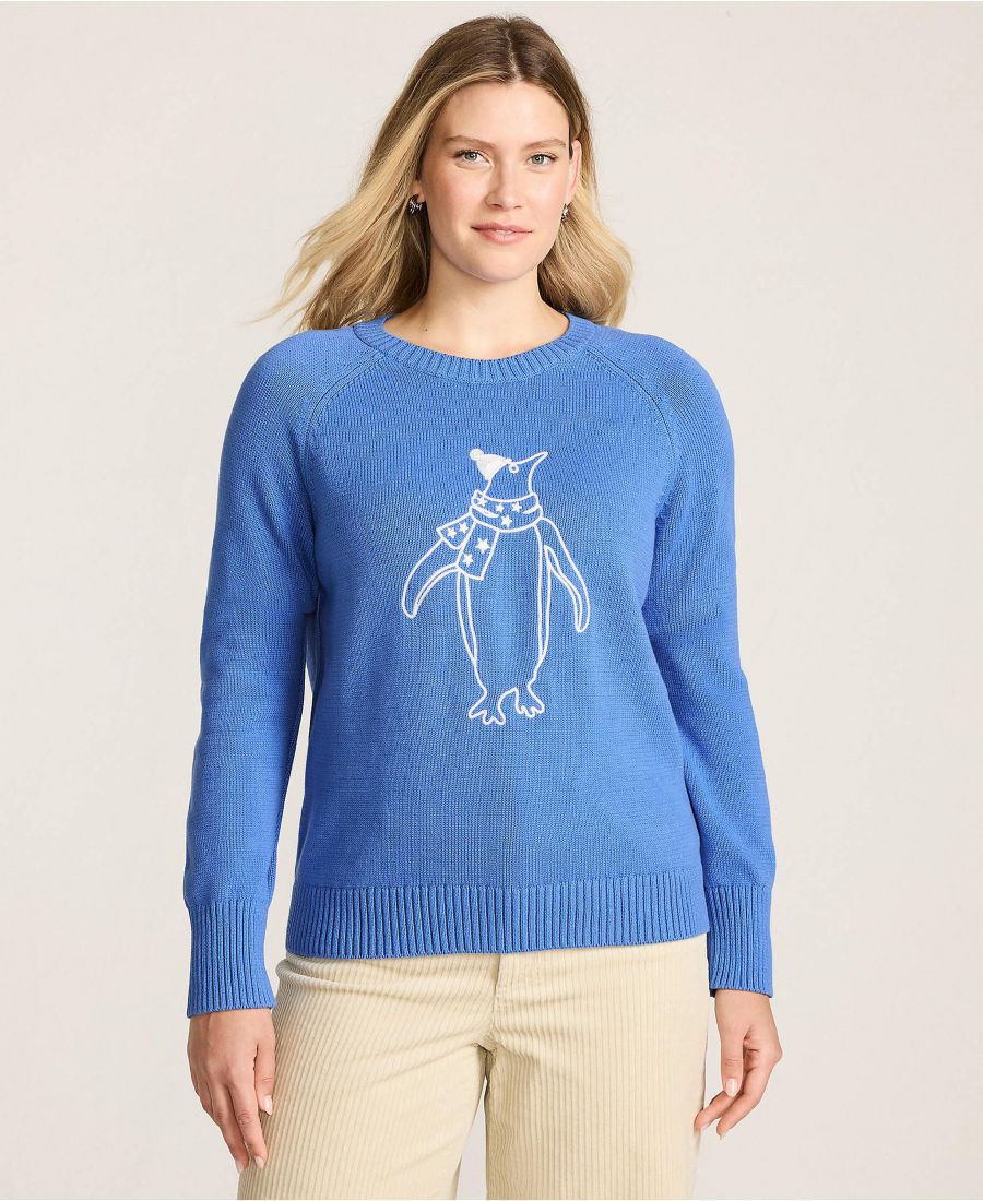 

Женский свитер Drifter с вышивкой, рукавами реглан и круглым вырезом Lands' End, Winter penguin/blue