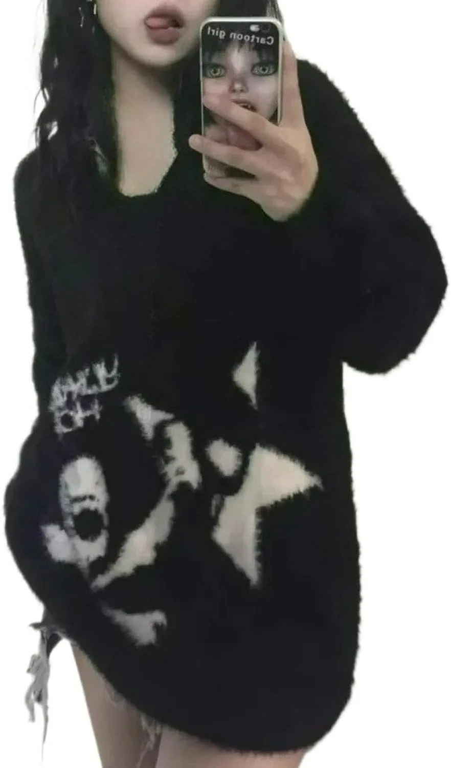 

Черный свитер с черепом, вязаный, круглый вырез, длинный рукав, пуловер, Y2K, оверсайз, осенний, стритвир PanoraCirqi