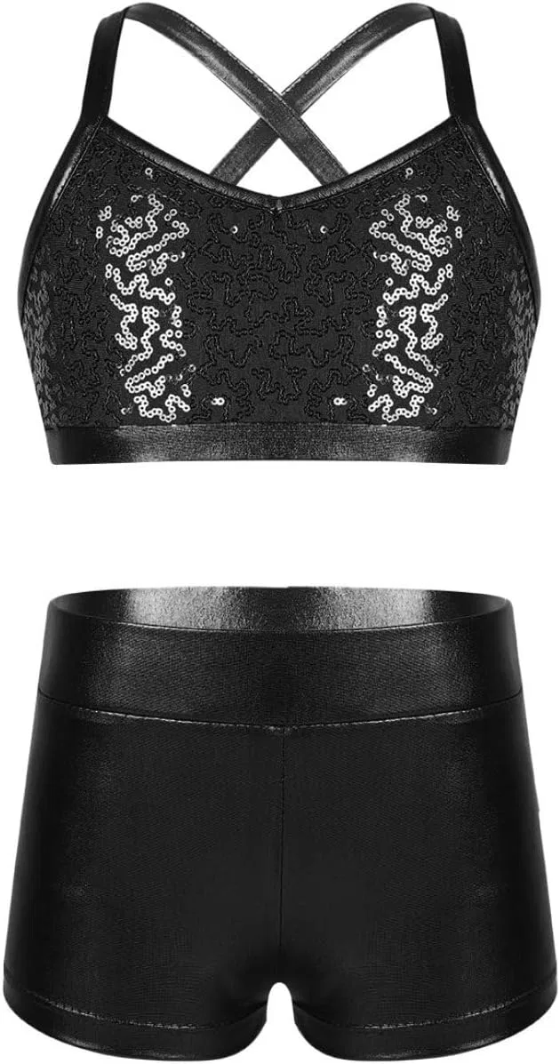 Детский спортивный костюм с пайетками Raenseen, топ на бретелях и шорты, Black