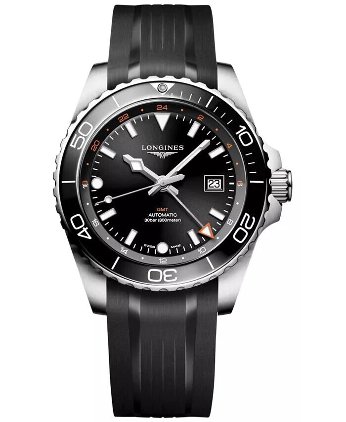 

Мужские швейцарские автоматические часы Hydroconquest GMT с черным каучуковым ремешком, 43 мм Longines