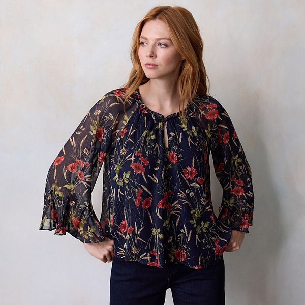 

Топ с рукавами-фонариками Petite Lc Lauren Conrad, Navy Maida Meadow