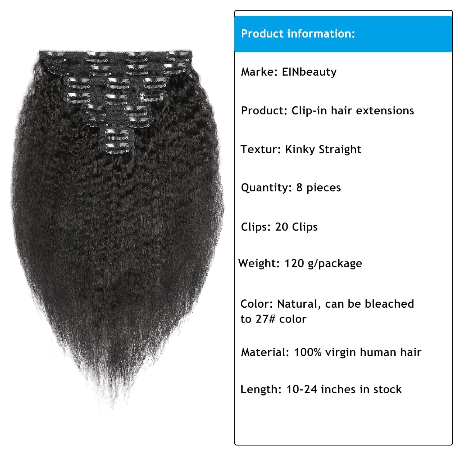 Накладные пряди Kinky Straight с заколками из натуральных волос Einbeauty, Natural Black Kinky Straight — фото 2