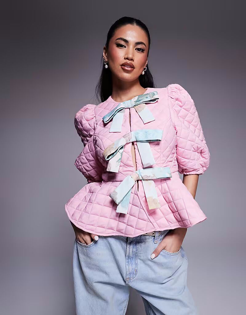 

Стеганый топ ASOS LUXE с рукавами-буфами и бантом спереди, розовый