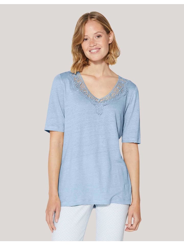 

MADELEINE Льняная футболка с короткими рукавами и изящными кружевными вставками небесно-голубого цвета, Синий, MADELEINE Льняная футболка с короткими рукавами и изящными кружевными вставками небесно-голубого цвета