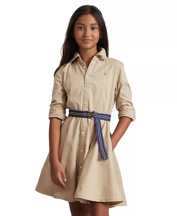 Хлопковое платье-рубашка с поясом Big Girls Chino Polo Ralph Lauren, коричневый/бежевый — фото 2