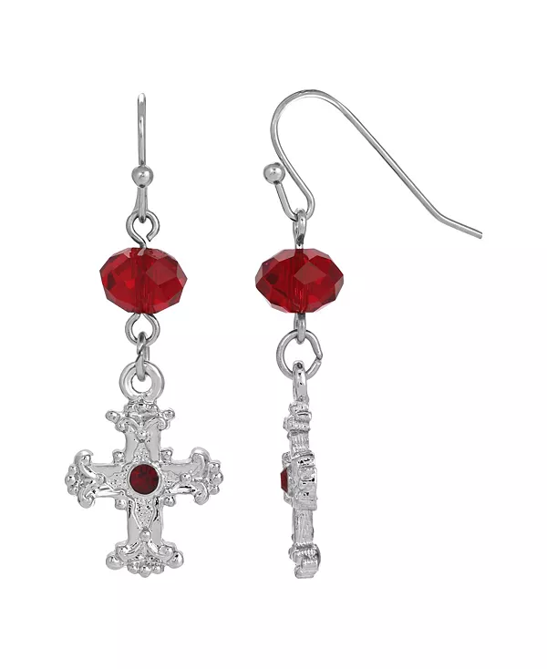 

Серьги-Подвески с крестом из красного кристалла серебристого оттенка Symbols Of Faith, red