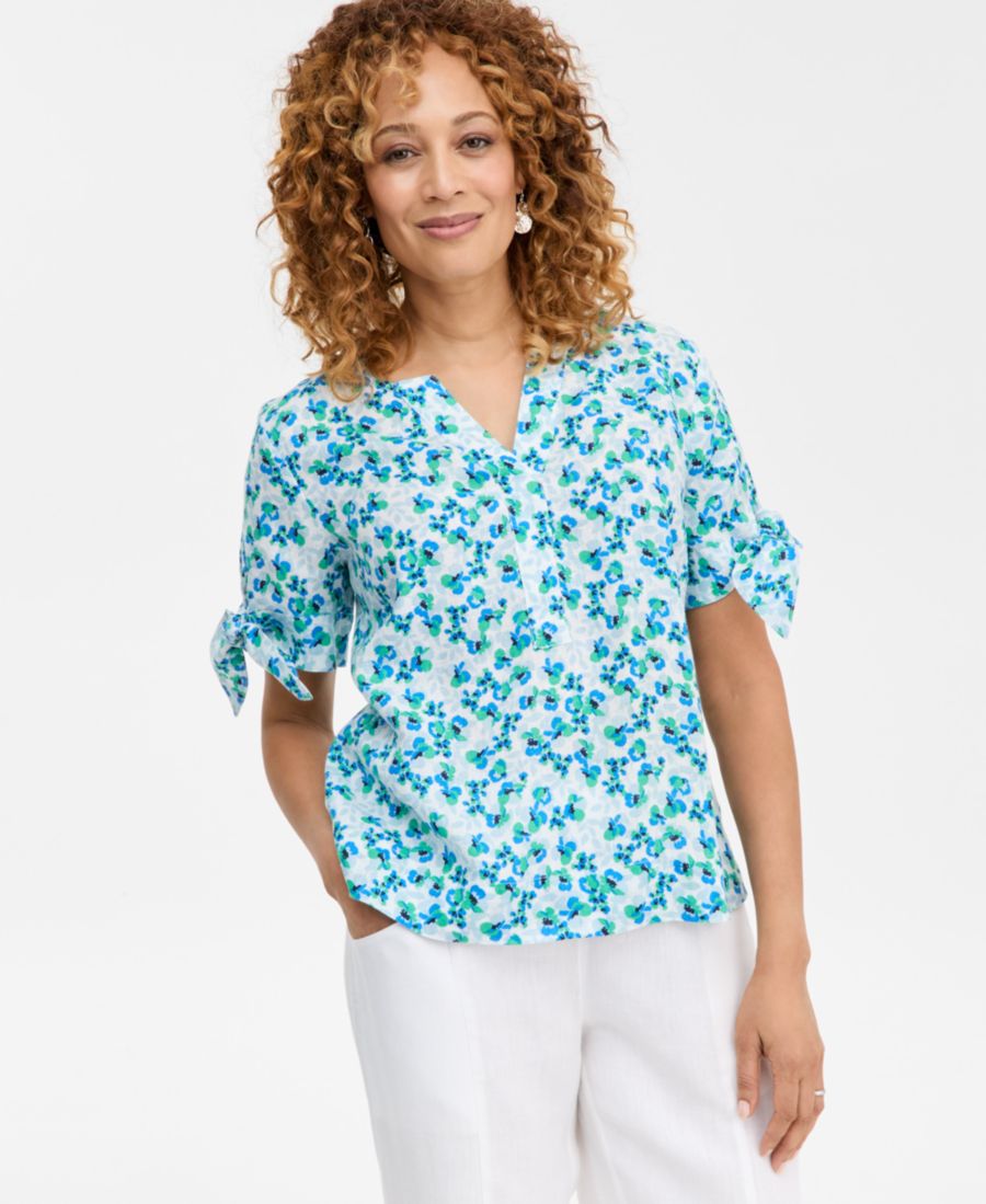 

Женская блузка из 100% льна с манжетами и разрезом на воротнике, эксклюзивно для Macy's Charter Club, Flower Aquamarine