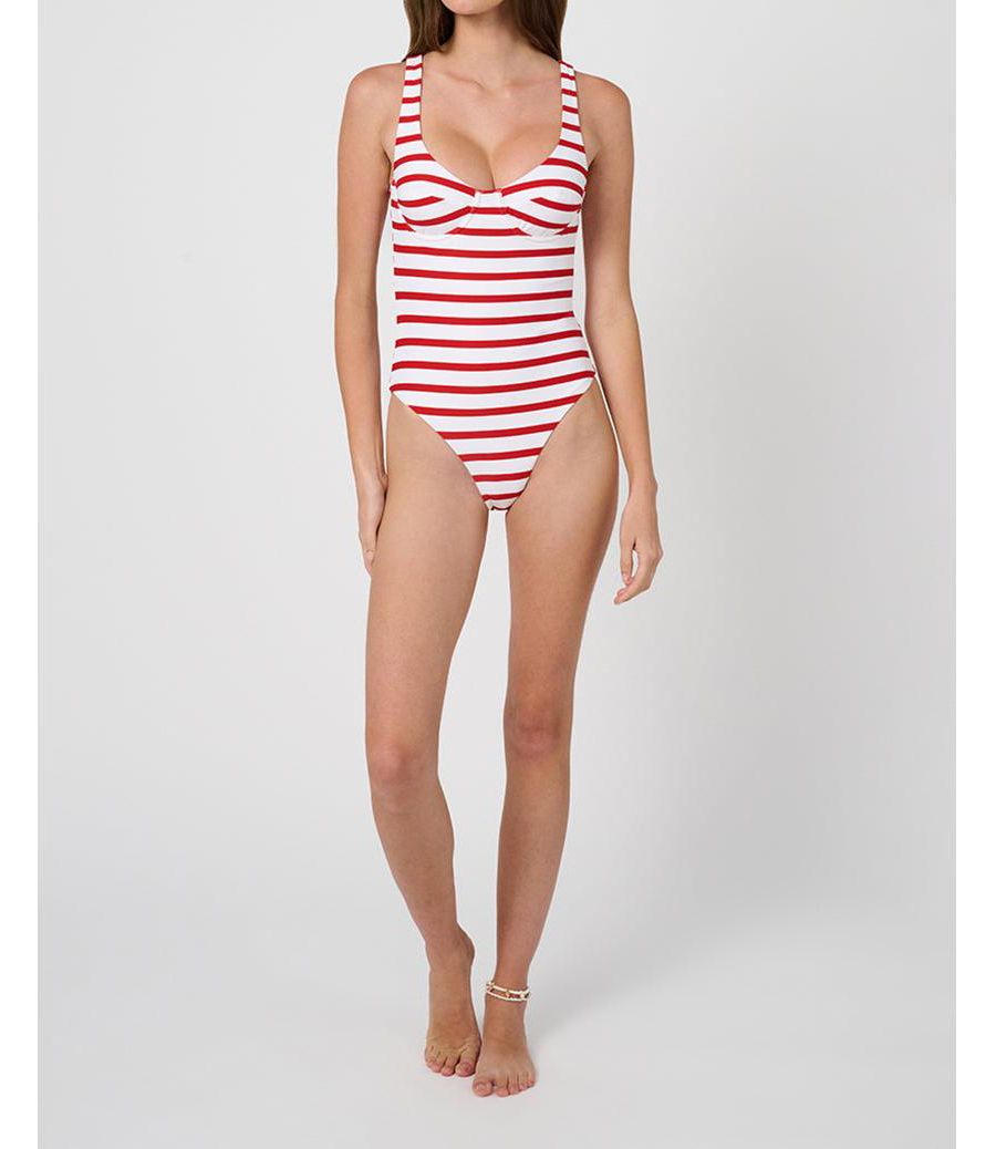 

Женский слитный купальник с вырезом-лодочкой и косточками WeWoreWhat, Off wht/true rd