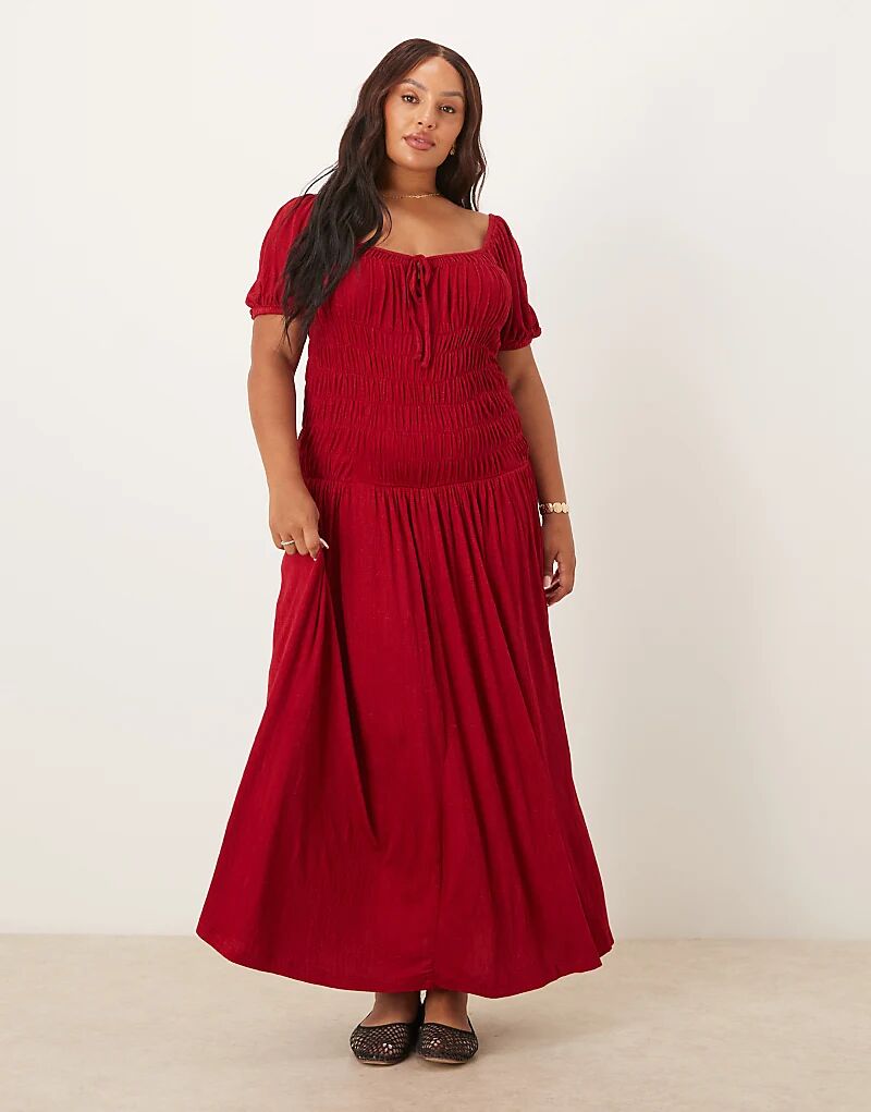 

Платье миди ASOS DESIGN Curve с жатым лифом, присборенной талией и рукавами-буфами в бордовом цвете Asos Curve