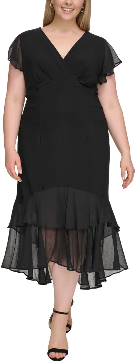 

Женское шифоновое платье Tommy Hilfiger Hi Lo с рукавами-крылышками, V-образным вырезом и оборками, Black