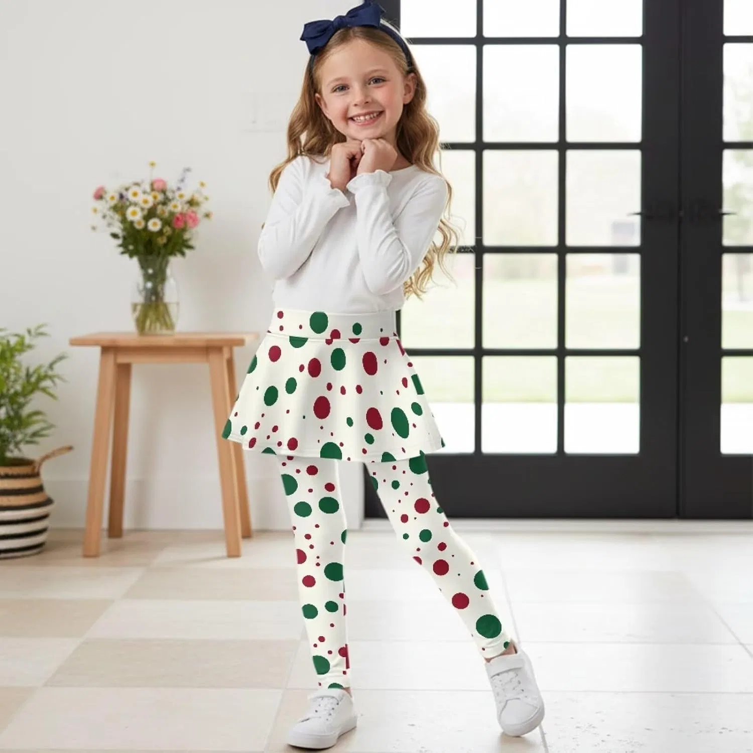 Леггинсы с юбкой 2-в-1 для девочек Hresuewn, Red Green Polka Dot-white — фото 4