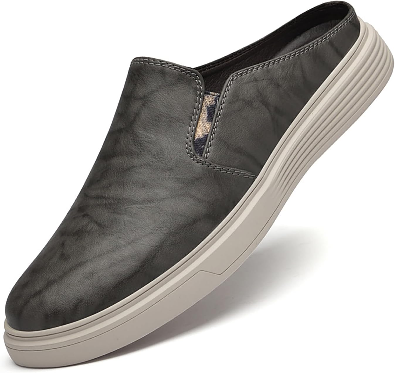 

Мужские мюли-тапочки на плоской подошве из натуральной кожи, удобные с эластичной застежкой, с круглым носком, без задника, мужские лоферы-тапочки для офиса, вождения и нарядного образа Hdfdb, серый