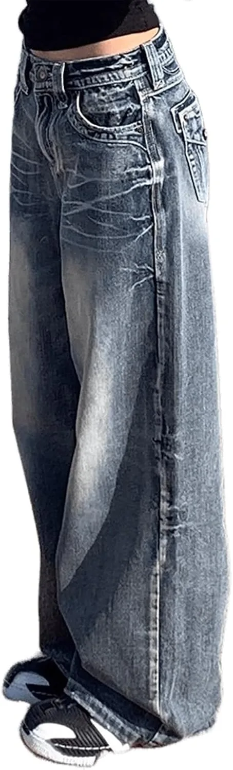 

Женские джинсы High-Waist Vintage Acid-Wash: Y2K стиль, прямые, свободные FEUSEUZ